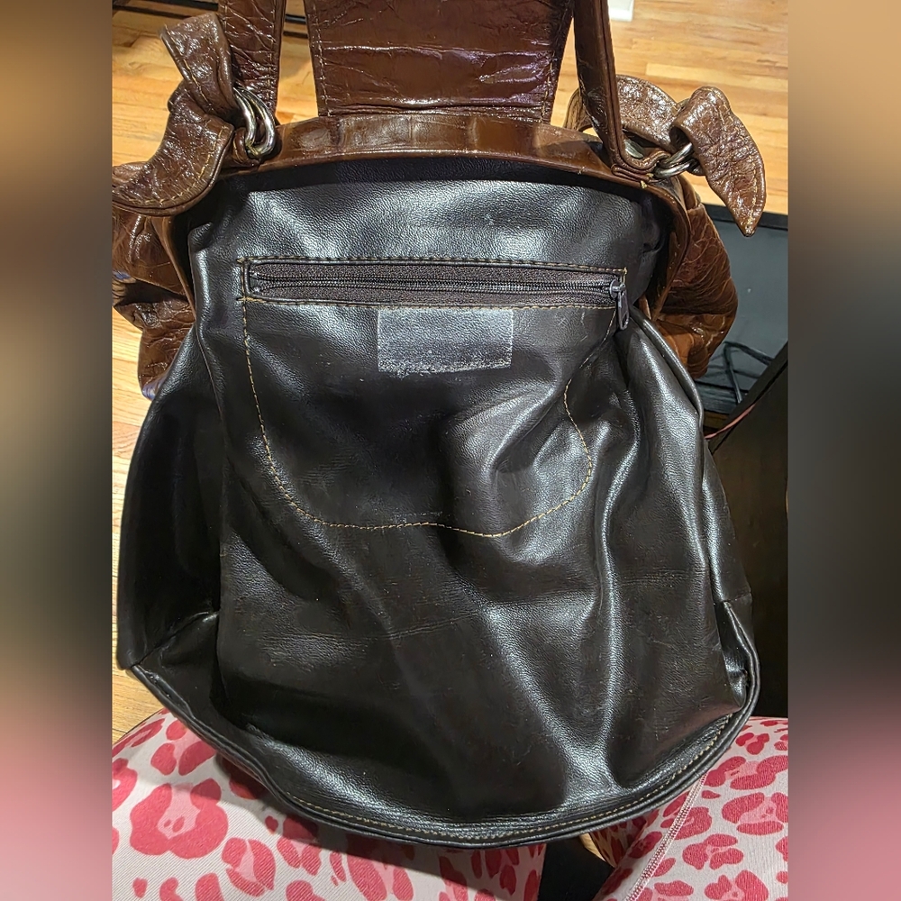 Vtg Brown Patchwork Croc Embossed Shoulder Bag 15… - image 13